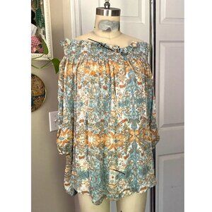 ACROBAT Turquoise Floral Cold-Shoulder Peasant Tie Sleeve Blouse Shirt *SMALL*